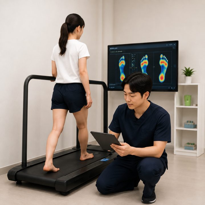 족저압 분석 화면 앞에서 보행 검사를 받는 환자