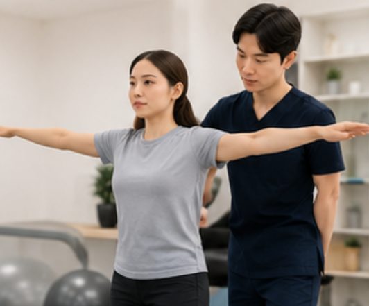 치료사와 팔을 벌려 자세를 점검하는 환자