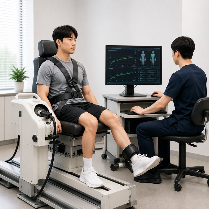 Biodex 등속성 장비로 근력 평가를 받는 환자