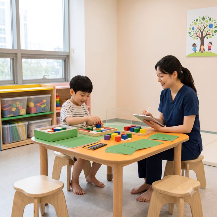 치료사와 블록 과제를 하는 영유아 발달 검사 장면